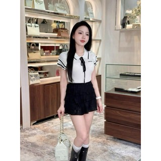 LT - Áo len tăm cổ bẻ chữ ngực tay bèo vai, cổ nơ xinh xắn free size 1430
