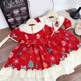 Váy bé gái dài tay thu đông họa tiết noel cách điệu, đầm bé gái sắc đỏ size 10-30kg mặc noel mặc tết