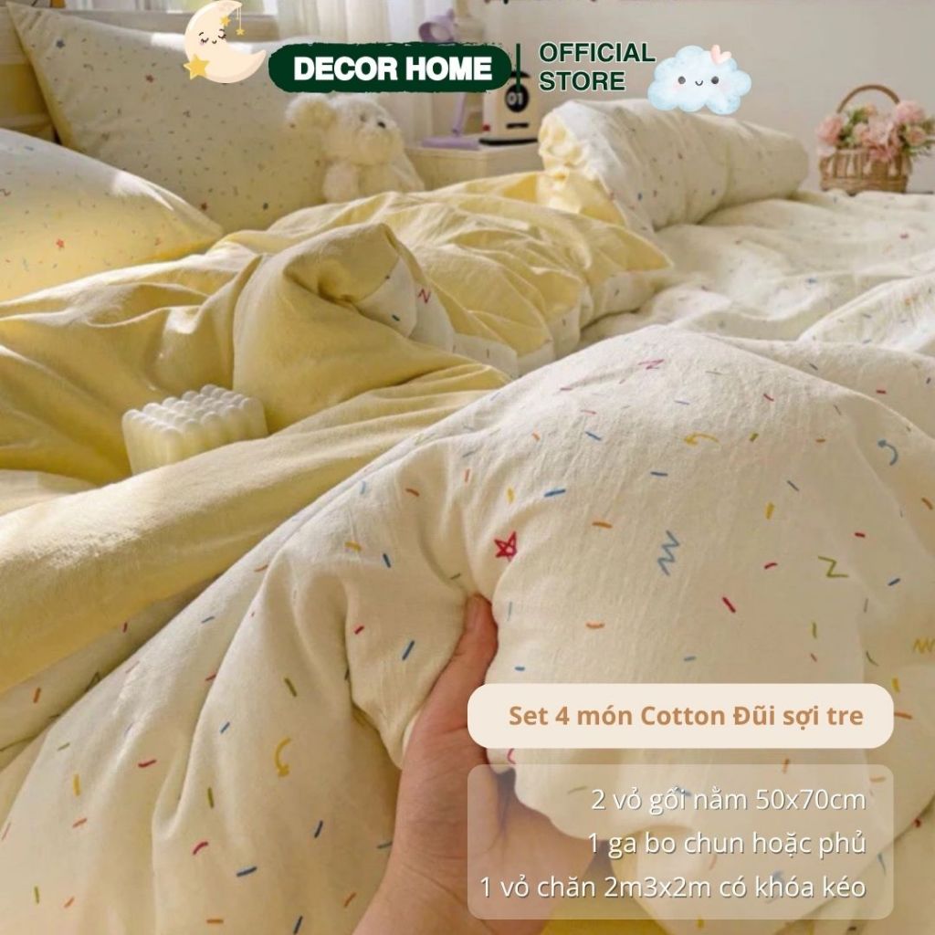 Bộ Vỏ Chăn Ga Gối Cotton Đũi Sợi Tre 4 Món Mềm Mịn, Họa Tiết 3D Dễ Thương ( Không Kèm Ruột )