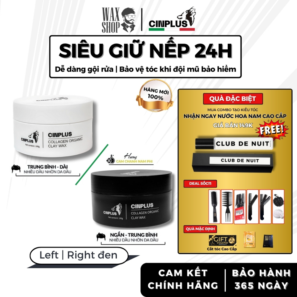 Sáp vuốt tóc nam Sicily 1504 Cinplus Clay Wax 100gr Left Trắng , Right Đen giữ nếp tóc - Cinplus
