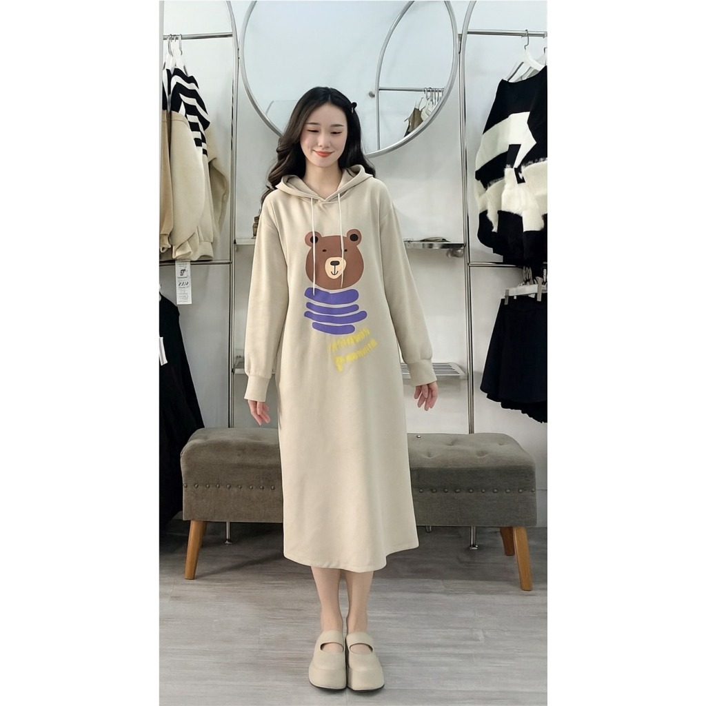 Váy suông dáng dài qua gối có mũ Hoodie dài tay hình chú gấu chất nỉ ấm áp  Đầm bầu nữ form rộng thu đông xinh T1440G