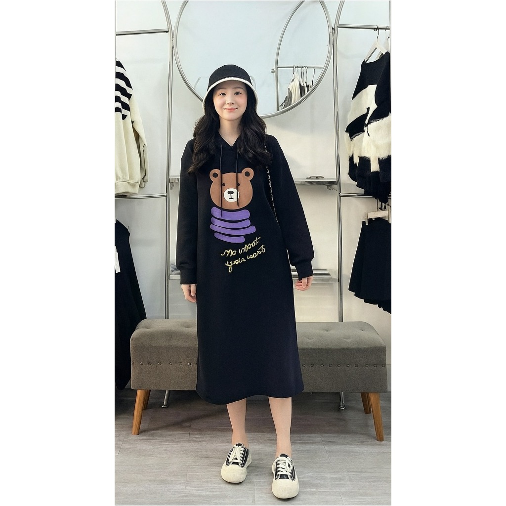 Váy suông dáng dài qua gối có mũ Hoodie dài tay hình chú gấu chất nỉ ấm áp  Đầm bầu nữ form rộng thu đông xinh T1440G