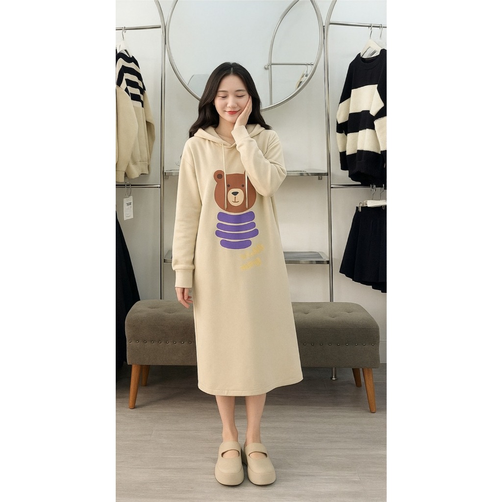 Váy suông dáng dài qua gối có mũ Hoodie dài tay hình chú gấu chất nỉ ấm áp  Đầm bầu nữ form rộng thu đông xinh T1440G