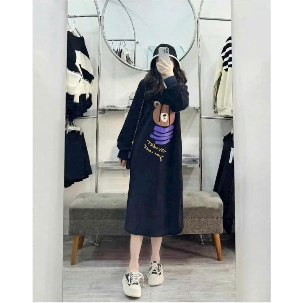 Váy suông dáng dài qua gối có mũ Hoodie dài tay hình chú gấu chất nỉ ấm áp  Đầm bầu nữ form rộng thu đông xinh T1440G
