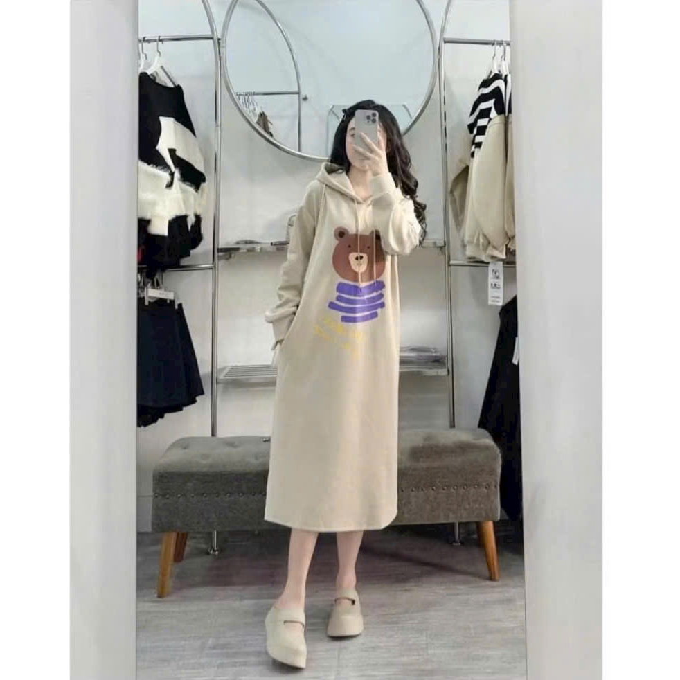 Váy suông dáng dài qua gối có mũ Hoodie dài tay hình chú gấu chất nỉ ấm áp  Đầm bầu nữ form rộng thu đông xinh T1440G