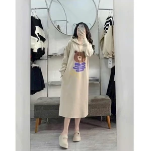 Váy suông dáng dài qua gối có mũ Hoodie dài tay hình chú gấu chất nỉ ấm áp Đầm bầu nữ form rộng thu đông xinh T1440G