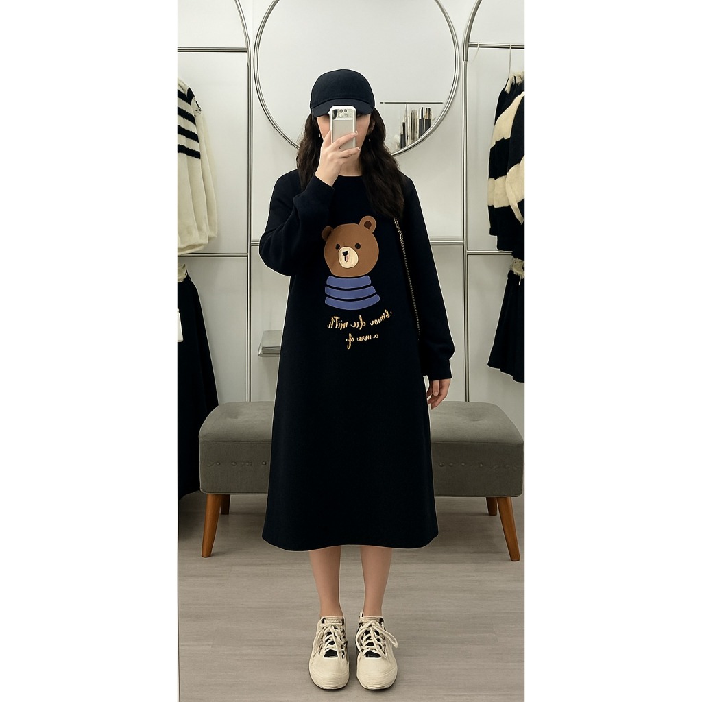 Váy suông dáng dài qua gối có mũ Hoodie dài tay hình chú gấu chất nỉ ấm áp  Đầm bầu nữ form rộng thu đông xinh T1440G
