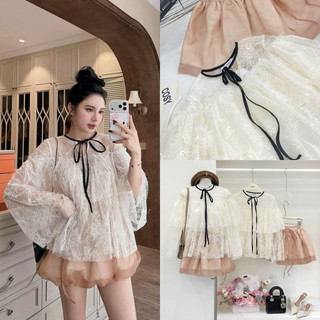 SEP House - Set áo ren hoa bèo tầng tay dài loe cổ viền đen cột nơ phối chân váy phối lưới dáng xoè thanh lịch - Hàng l1