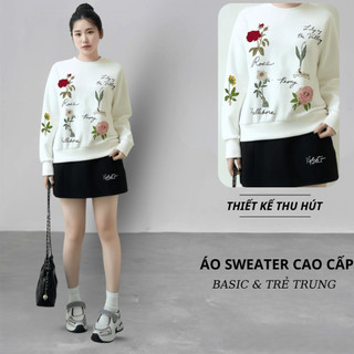 Set Bộ Nỉ Nữ Thu Đông CHEPOL Cổ Tròn, In Hoa Lá, Chất Nỉ Chân Cua Cao Cấp ( Áo Sweater Trắng + Chân Váy Trắng )-CP_16345