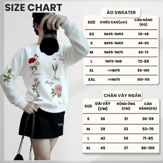 Set Bộ Nỉ Nữ Thu Đông CHEPOL Cổ Tròn, In Hoa Lá, Chất Nỉ Chân Cua Cao Cấp ( Áo Sweater Trắng + Chân Váy Trắng )-CP_16345