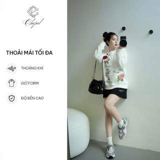 Set Bộ Nỉ Nữ Thu Đông CHEPOL Cổ Tròn, In Hoa Lá, Chất Nỉ Chân Cua Cao Cấp ( Áo Sweater Trắng + Chân Váy Trắng )-CP_16345