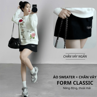 Set Bộ Nỉ Nữ Thu Đông CHEPOL Cổ Tròn, In Hoa Lá, Chất Nỉ Chân Cua Cao Cấp ( Áo Sweater Trắng + Chân Váy Trắng )-CP_16345