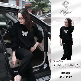 Set Bộ Nỉ Nữ Thu Đông CHEPOL Cổ Tròn, In Bướm Xinh, Chất Nỉ Chân Cua Cao Cấp ( Áo Sweater Đen + Quần dài Đen ) -CP_16867