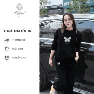 Set Bộ Nỉ Nữ Thu Đông CHEPOL Cổ Tròn, In Bướm Xinh, Chất Nỉ Chân Cua Cao Cấp ( Áo Sweater Đen + Quần dài Đen ) -CP_16867
