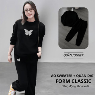 Set Bộ Nỉ Nữ Thu Đông CHEPOL Cổ Tròn, In Bướm Xinh, Chất Nỉ Chân Cua Cao Cấp ( Áo Sweater Đen + Quần dài Đen ) -CP_16867