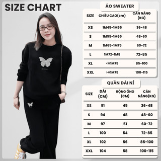 Set Bộ Nỉ Nữ Thu Đông CHEPOL Cổ Tròn, In Bướm Xinh, Chất Nỉ Chân Cua Cao Cấp ( Áo Sweater Đen + Quần dài Đen ) -CP_16867