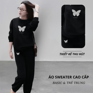 Set Bộ Nỉ Nữ Thu Đông CHEPOL Cổ Tròn, In Bướm Xinh, Chất Nỉ Chân Cua Cao Cấp ( Áo Sweater Đen + Quần dài Đen ) -CP_16867