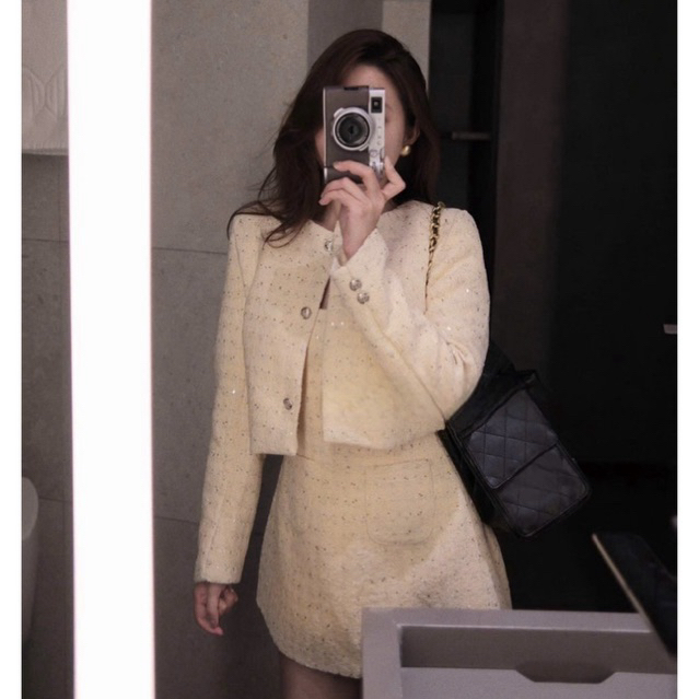 MIU.STUDIO •”Fari Set” Set áo khoác dạ tweed kim sa dáng croptop dài tay đính khuy đồng + Váy đầm nữ 2S dáng A cao cấp