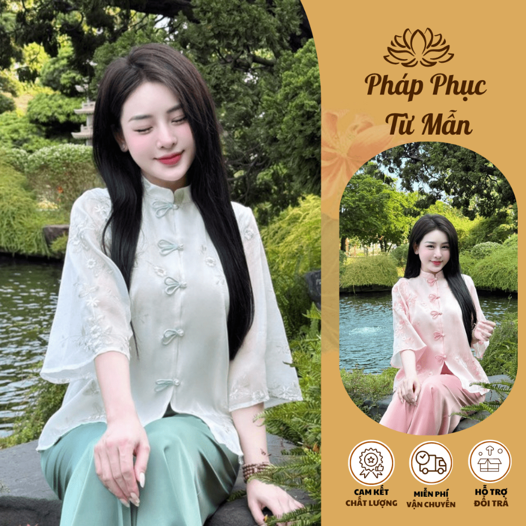 Pháp phục đi chùa cổ tàu đính nơ tai thỏ lụa voan tơ 2 lớp Bộ đồ đi chùa cách tân tiểu thư Thanh lịch