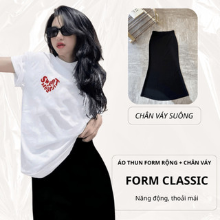 Set Bộ Áo Thun Nữ CHEPOL Form Rộng, Phối Chân Váy Dài, In Trái tim, Chất Cotton ( Áo Phông Trắng+Chân Váy Suông)CP_x5280
