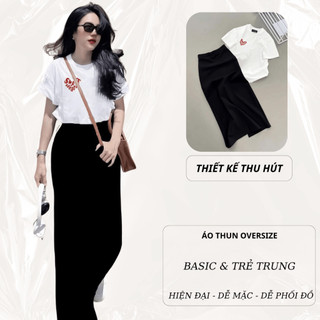 Set Bộ Áo Thun Nữ CHEPOL Form Rộng, Phối Chân Váy Dài, In Trái tim, Chất Cotton ( Áo Phông Trắng+Chân Váy Suông)CP_x5280