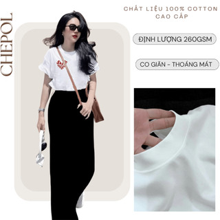 Set Bộ Áo Thun Nữ CHEPOL Form Rộng, Phối Chân Váy Dài, In Trái tim, Chất Cotton ( Áo Phông Trắng+Chân Váy Suông)CP_x5280