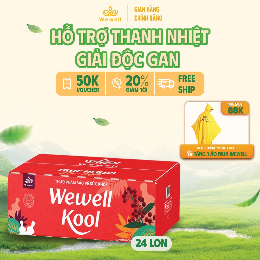 [ OCCOP 4 SAO ] ( Thùng 24 lon - Tặng 1 áo mưa Wewell ) Nước uống thảo dược Wewell Kool
