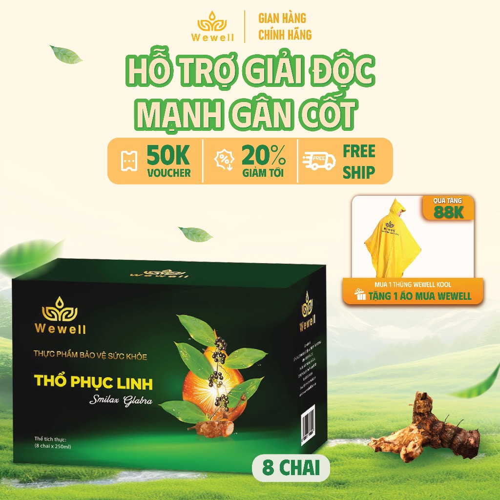 [Hộp 8 chai TẶNG 1 ÁO MƯA CAO CẤP] Nước uống thảo dược Thổ phục linh [Chai thủy tinh 250ml]