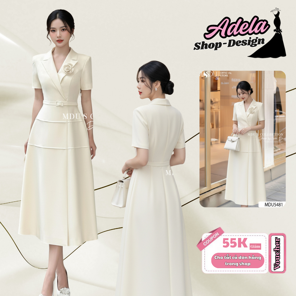 Váy Công Sở ADELA DESIGN Chất Gold Nhật Cao Cấp Cổ Vest Thời Thượng Kết Hợp Đai Rời Tôn Dáng MDU5481