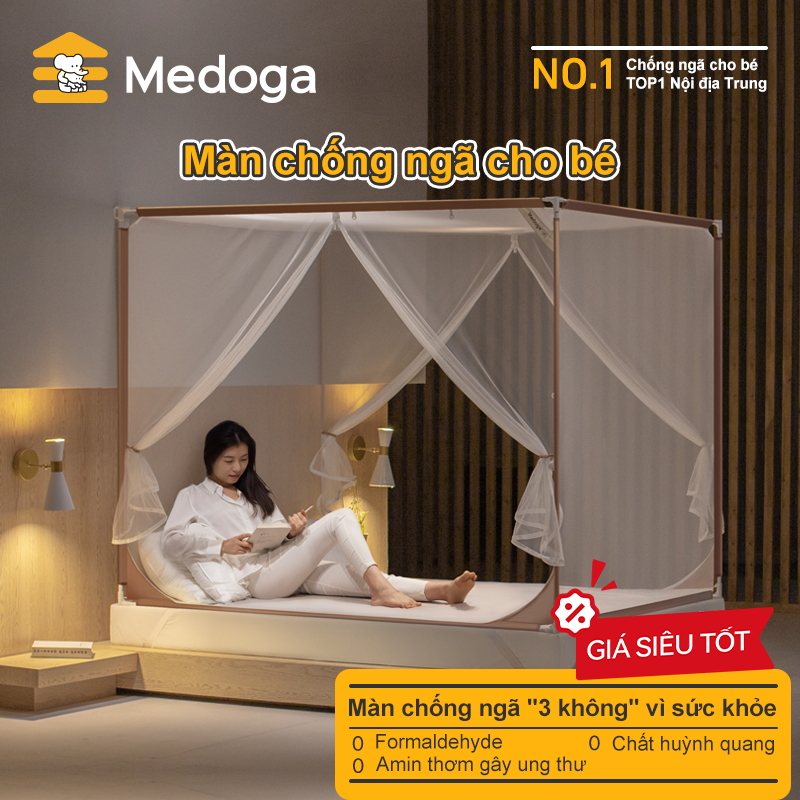 [Tối giản] Mùng Chống Ngã Medoga - Mùng Khung Vuông | 2 Cửa Chữ T | Đai Thun 3cm | Chống Muỗi | Chắn Giường | Chống Ngã