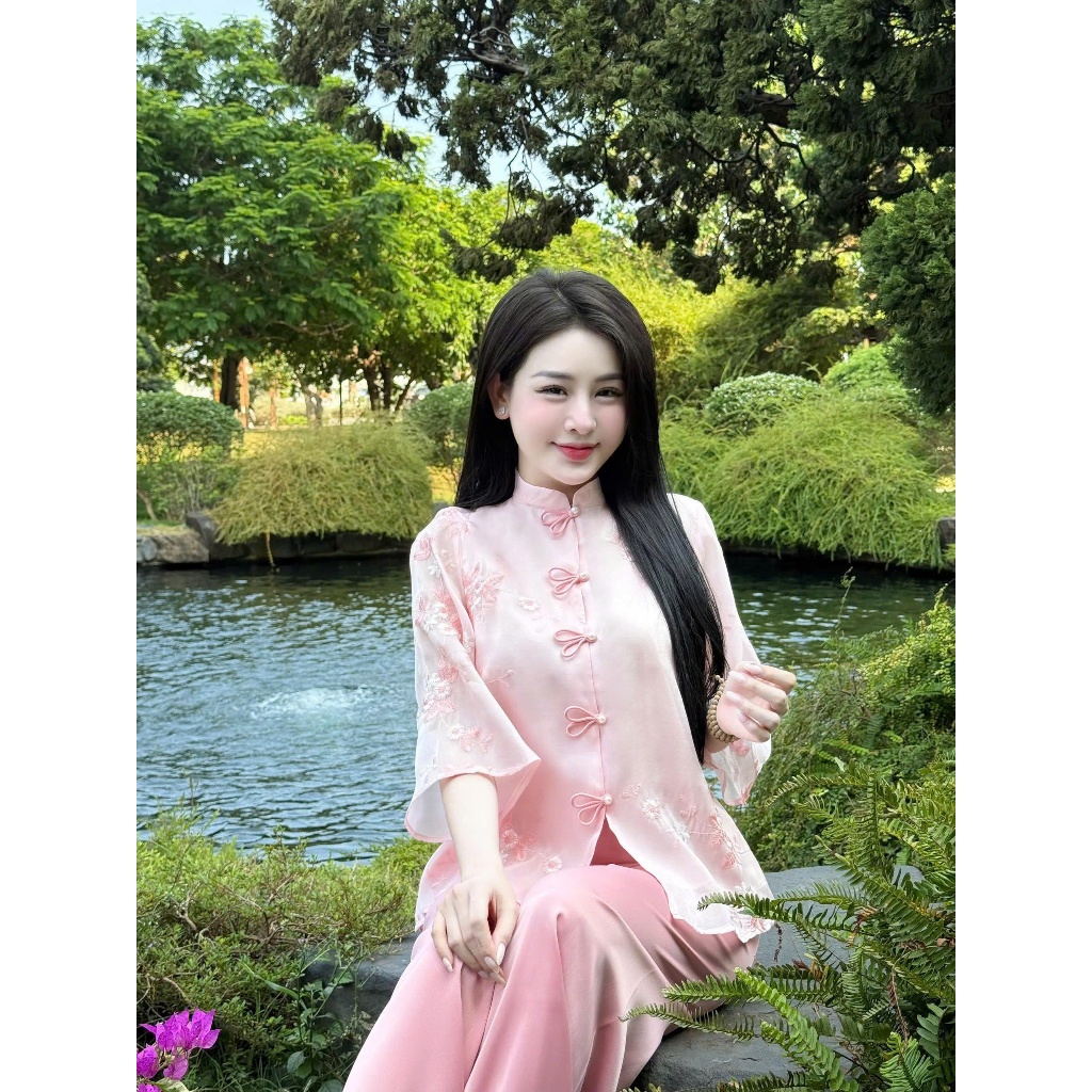 Pháp phục đi chùa cổ tàu đính nơ tai thỏ lụa voan tơ 2 lớp Bộ đồ đi chùa cách tân tiểu thư Thanh lịch