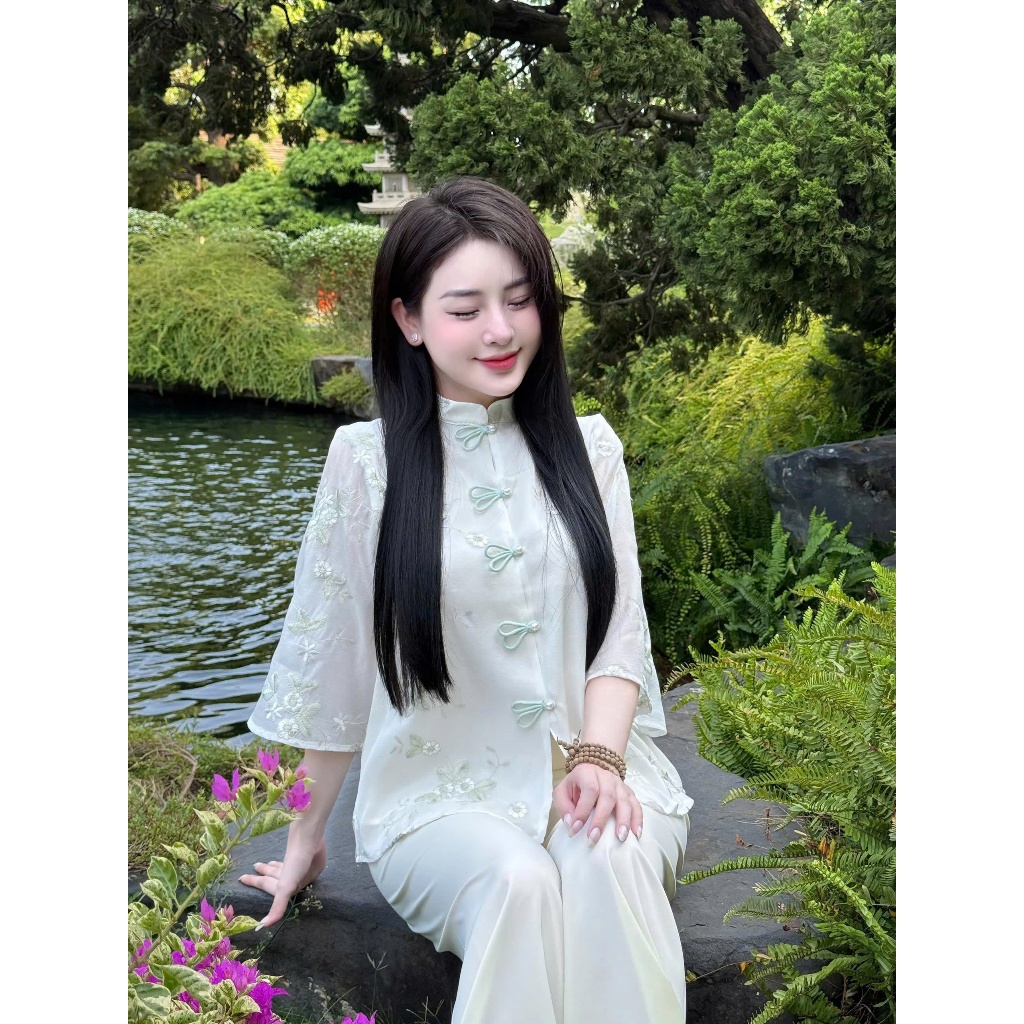 Pháp phục đi chùa cổ tàu đính nơ tai thỏ lụa voan tơ 2 lớp Bộ đồ đi chùa cách tân tiểu thư Thanh lịch