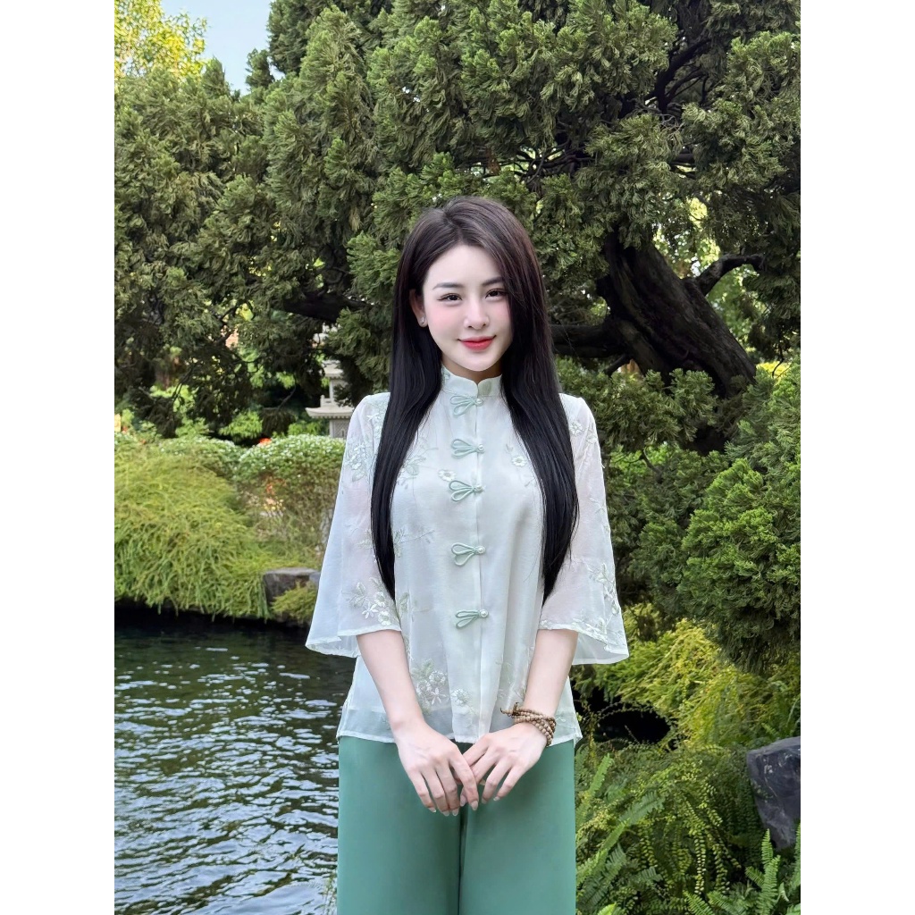 Pháp phục đi chùa cổ tàu đính nơ tai thỏ lụa voan tơ 2 lớp Bộ đồ đi chùa cách tân tiểu thư Thanh lịch