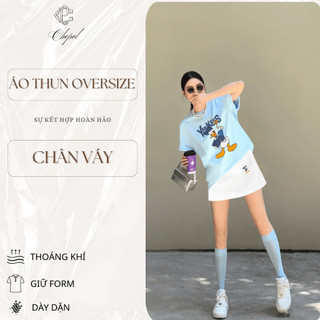 Set Bộ Áo Thun Nữ CHEPOL Form Rộng, Phối Chân Váy Ngắn, In Trái tim, Chất Cotton (Áo Phông Xanh Biển + CV Trắng)CP_x5844
