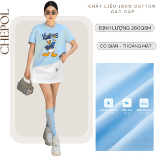 Set Bộ Áo Thun Nữ CHEPOL Form Rộng, Phối Chân Váy Ngắn, In Trái tim, Chất Cotton (Áo Phông Xanh Biển + CV Trắng)CP_x5844