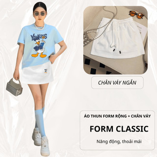 Set Bộ Áo Thun Nữ CHEPOL Form Rộng, Phối Chân Váy Ngắn, In Trái tim, Chất Cotton (Áo Phông Xanh Biển + CV Trắng)CP_x5844