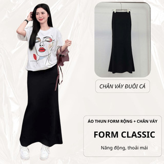 Set Bộ Áo Thun Nữ CHEPOL Form Rộng, Phối Chân Váy, In Hình Cô Gái, Chất Cotton(Áo Phông Trắng +Chân Váy Đuôi Cá)CP_x5131