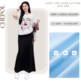 Set Bộ Áo Thun Nữ CHEPOL Form Rộng, Phối Chân Váy, In Hình Cô Gái, Chất Cotton(Áo Phông Trắng +Chân Váy Đuôi Cá)CP_x5131