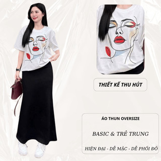 Set Bộ Áo Thun Nữ CHEPOL Form Rộng, Phối Chân Váy, In Hình Cô Gái, Chất Cotton(Áo Phông Trắng +Chân Váy Đuôi Cá)CP_x5131
