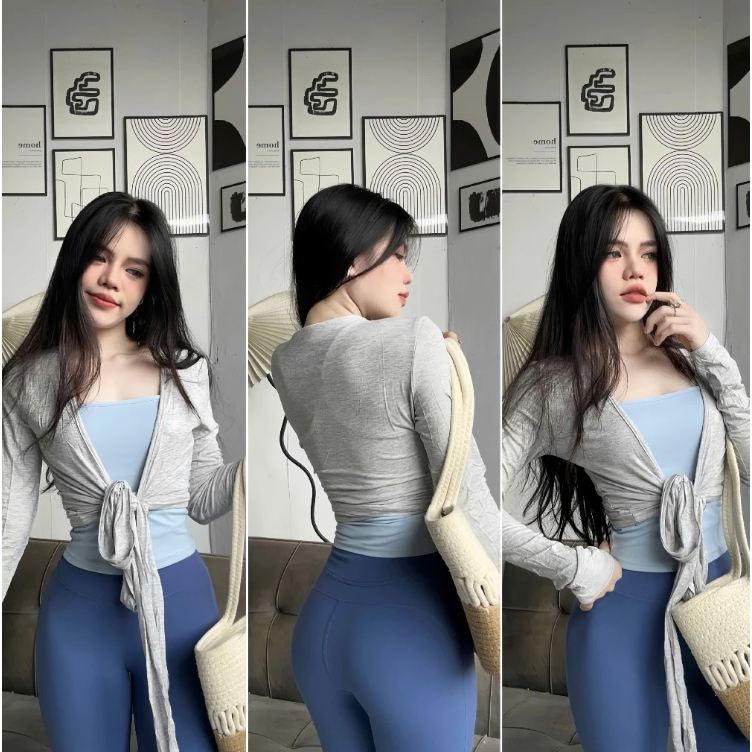 Áo Thun Nữ QC Quấn Chéo Dài Tay Cổ V Màu Trơn SlimFit Tập Gym-Yoga-Aerobic-Chạy bộ HOTHISPORT
