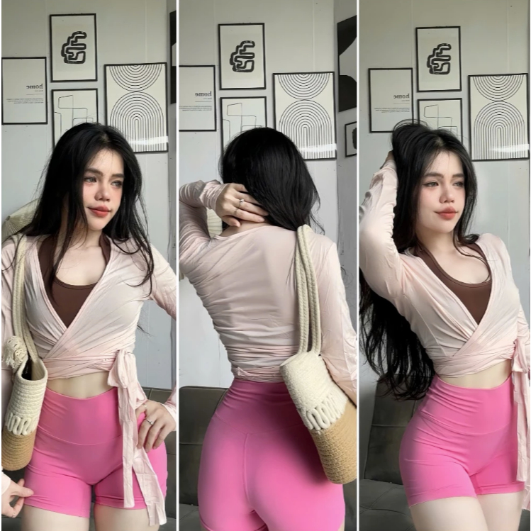 Áo Thun Nữ QC Quấn Chéo Dài Tay Cổ V Màu Trơn SlimFit Tập Gym-Yoga-Aerobic-Chạy bộ HOTHISPORT