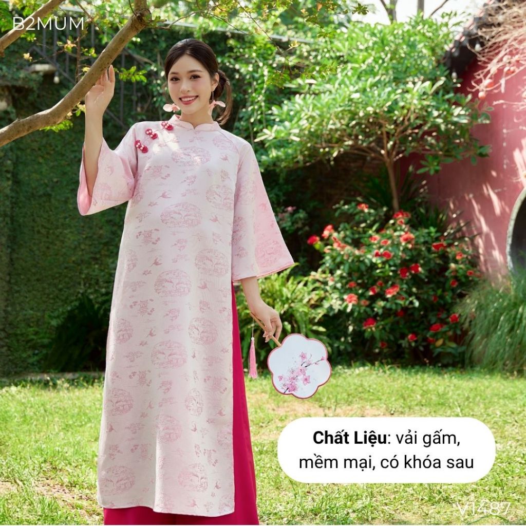 Áo dài gấm hồng in họa tiết con hạc, cổ sóng, ngực đính cúc sườn xám, mặc TẾT và sự kiện-V1487 B2MUM