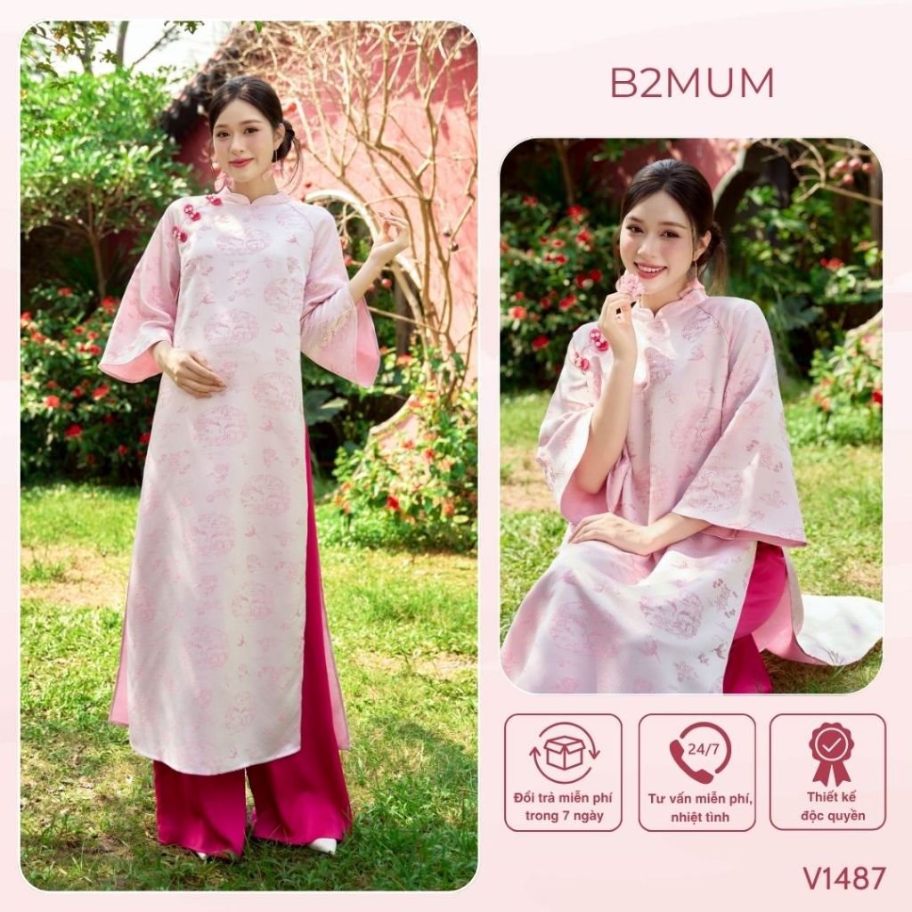 Áo dài gấm hồng in họa tiết con hạc, cổ sóng, ngực đính cúc sườn xám, mặc TẾT và sự kiện-V1487 B2MUM