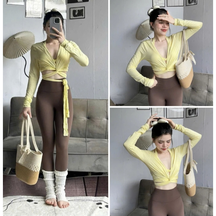 Áo Thun Nữ QC Quấn Chéo Dài Tay Cổ V Màu Trơn SlimFit Tập Gym-Yoga-Aerobic-Chạy bộ HOTHISPORT