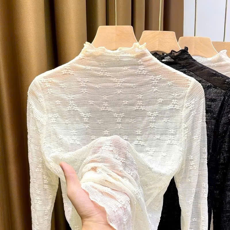 ÁO  ren hoa nổi cao cổ mặc trong tiểu thư phong cách hàn quốc