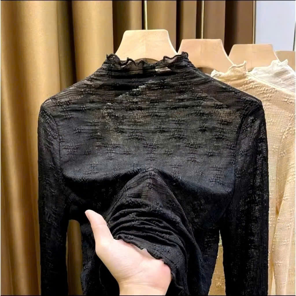 ÁO  ren hoa nổi cao cổ mặc trong tiểu thư phong cách hàn quốc