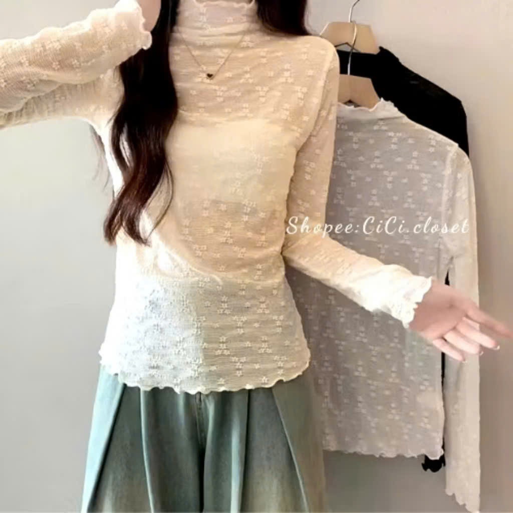 ÁO  ren hoa nổi cao cổ mặc trong tiểu thư phong cách hàn quốc