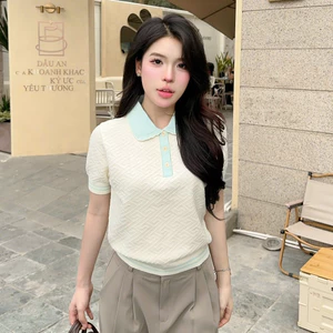 Áo len ngắn tay mùa hè cho nữ phối cổ sen dệt vân nổi len lông thỏ thiết kế PL30 300G