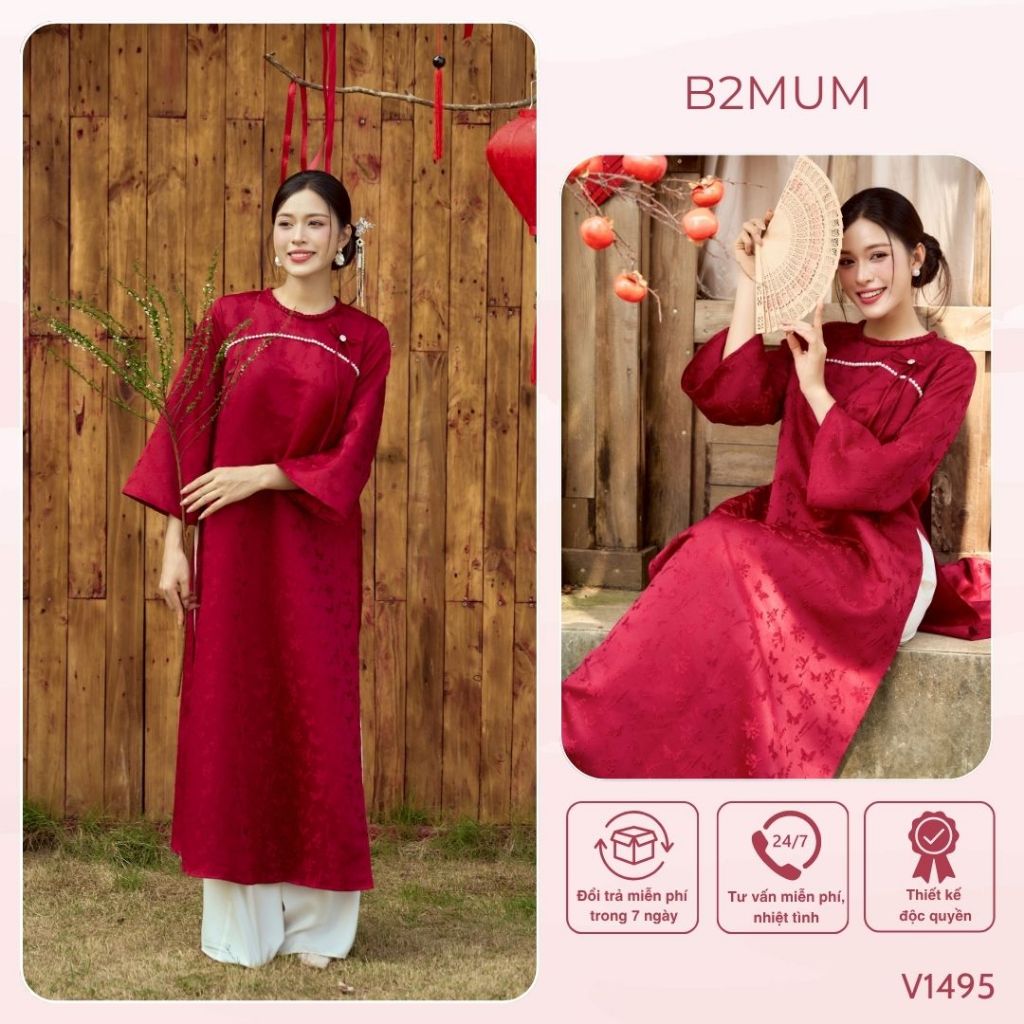 Áo dài gấm đỏ in họa tiết, cổ tết sam tròn, ngực đính ngọc trai, quần lụa kem có chun chỉnh - V1495 B2MUM