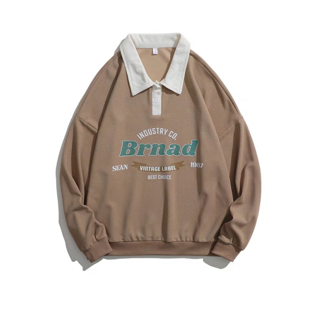 Áo polo sweater unisex phối logo nam nữ, hooide cổ bẻ dài tay fom rộng chất nỉ mềm và mát (BRAND) L1
